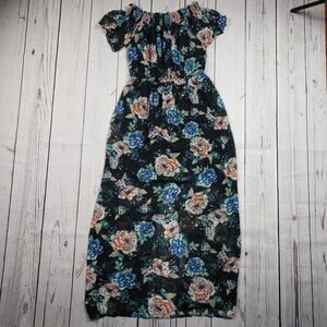 As U Wish Off-Shoulder Black Floral Short Sleeve Maxi Dress Women's Size Medium